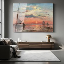 GülsenArt Johan Jongkind Gün Batımı Yelkenliler Deniz Resmi Temperli Cam Tablo Duvar Tablosu Dekoratif Tablo