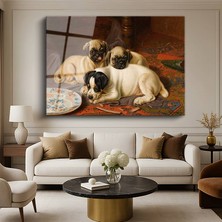 GülsenArt Henrietta Ronner-Knip Üç Yavru Köpek Hayvan Resmi Temperli Cam Tablo Duvar Tablosu Dekoratif Tablo