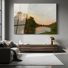 GülsenArt Charles-François Daubigny Nehir Kıyısı Günbatımı Peyzaj Resmi Temperli Cam Tablo Duvar Tablosu Dekoratif Tablo