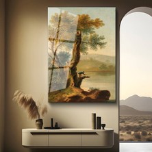 GülsenArt Joseph Mallord William Turner Göl Kenarı Balıkçı Manzarası Temperli Cam Tablo Duvar Tablosu Dekoratif Tablo