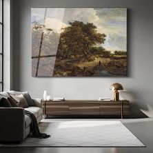 GülsenArt Jacob Van Ruisdael Meşe Ağaçlı Kırsal Manzara Temperli Cam Tablo Duvar Tablosu Dekoratif Tablo