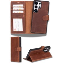 Sinerjim Samsung Galaxy S25 Ultra uyumlu, Hakiki Deri, El Yapımı, Cüzdanlı Kılıf, Antik Kahve