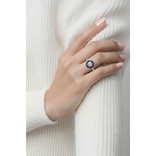 Karya Takı Mavi Ortası Beyaz Taşlı Bayan Yüzük 925 Ayar Gümüş