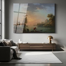GülsenArt Claude Joseph Vernet Akdeniz Limanı Günbatımı Temperli Cam Tablo Duvar Tablosu Dekoratif Tablo