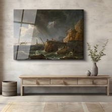 GülsenArt Claude Joseph Vernet Fırtınalı Deniz Dalga Manzarası Temperli Cam Tablo Duvar Tablosu Dekoratif Tablo