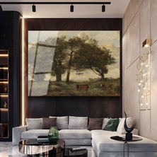 GülsenArt Jean-Baptiste-Temperli Camille Corot Ağaçlar Çoban Kırsal Manzara Temperli Cam Tablo Duvar Tablosu Dekoratif Tablo