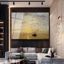 GülsenArt Hendrik Willem Mesdag Günbatımı Tekneler Deniz Manzarası Temperli Cam Tablo Duvar Tablosu Dekoratif Tablo