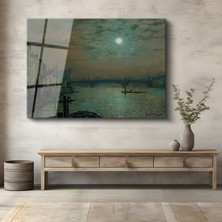 GülsenArt John Atkinson Grimshaw Ay Işığı Thames Nehri Temperli Cam Tablo Duvar Tablosu Dekoratif Tablo