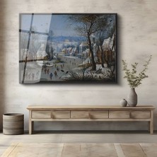 GülsenArt Pieter Bruegel Kış Kar Manzarası Temperli Cam Tablo Duvar Tablosu Dekoratif Tablo