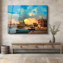 GülsenArt Félix Ziem Venedik Kanal Manzarası Temperli Cam Tablo Duvar Tablosu Dekoratif Tablo