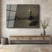 GülsenArt John Atkinson Grimshaw Ay Işığı Liman Gece Manzarası Temperli Cam Tablo Duvar Tablosu Dekoratif Tablo