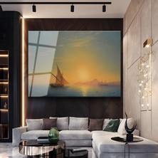 GülsenArt Ivan Aivazovsky Altın Günbatımı Yelkenliler Temperli Cam Tablo Duvar Tablosu Dekoratif Tablo