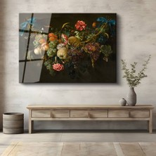 GülsenArt Jan Davidsz De Heem Meyve Çiçek Natürmort Sanatı Temperli Cam Tablo Duvar Tablosu Dekoratif Tablo