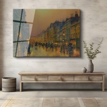 GülsenArt John Atkinson Grimshaw Akşam Şehir Sokağı Manzarası Temperli Cam Tablo Duvar Tablosu Dekoratif Tablo