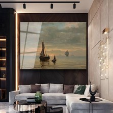 GülsenArt Hendrik Willem Mesdag Gün Batımı Yelkenliler Temperli Cam Tablo Duvar Tablosu Dekoratif Tablo