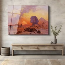 GülsenArt David Roberts Mısır Sfenksi Piramitler Günbatımı Temperli Cam Tablo Duvar Tablosu Dekoratif Tablo