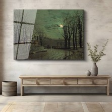 GülsenArt John Atkinson Grimshaw Ay Işığı Malikâne Gece Temperli Cam Tablo Duvar Tablosu Dekoratif Tablo
