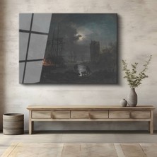 GülsenArt Joseph M. W. Turner Ay Işığı Liman Gece Manzarası Temperli Cam Tablo Duvar Tablosu Dekoratif Tablo