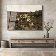 GülsenArt Anton Mauve Çoban Koyun Sürüsü Kırsal Temperli Cam Tablo Duvar Tablosu Dekoratif Tablo