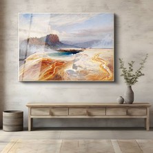 GülsenArt Thomas Moran Mammoth Hot Springs Doğa Harikası Temperli Cam Tablo Duvar Tablosu Dekoratif Tablo