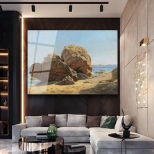 GülsenArt Antoine Vollon Sahil Kayalıkları Deniz Resmi Temperli Cam Tablo Duvar Tablosu Dekoratif Tablo