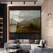 GülsenArt Albert Bierstadt Dağ Vadisi Doğa Manzarası Temperli Cam Tablo Duvar Tablosu Dekoratif Tablo
