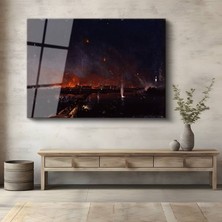 GülsenArt Joseph Mallord William Turner Gece Yangını Şehir Manzarası Temperli Cam Tablo Duvar Tablosu Dekoratif Tablo
