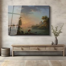 GülsenArt Claude-Joseph Vernet Akdeniz Kıyısı Balıkçılar Manzarası Temperli Cam Tablo Duvar Tablosu Dekoratif Tablo