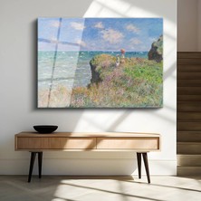 GülsenArt Claude Monet Pourville Uçurum Deniz Manzarası Temperli Cam Tablo Duvar Tablosu Dekoratif Tablo