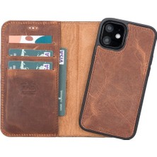 Sinerjim Apple iPhone 12 mini Uyumlu Deri Cüzdanlı Kılıf G2 Antik Kahve
