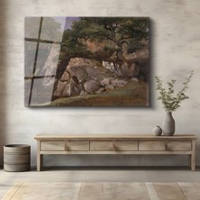 GülsenArt Jean-Baptiste-Temperli Camille Corot Kayalık Doğa Manzarası Temperli Cam Tablo Duvar Tablosu Dekoratif Tablo