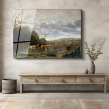 GülsenArt Aelbert Cuyp Nehir Kenarı Inekler Kırsal Temperli Cam Tablo Duvar Tablosu Dekoratif Tablo