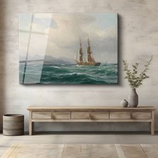 GülsenArt Anton Melbye Dalgalı Deniz Yelkenli Manzara Temperli Cam Tablo Duvar Tablosu Dekoratif Tablo