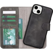 Sinerjim Apple iPhone 15 Plus Uyumlu Deri Cüzdanlı Kılıf Mwwn VS4EF Gri