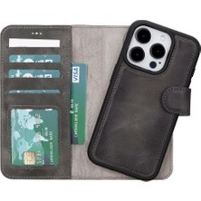 Sinerjim Apple iPhone 15 Pro Uyumlu Deri Cüzdanlı Kılıf Mwwn VS4EF Gri