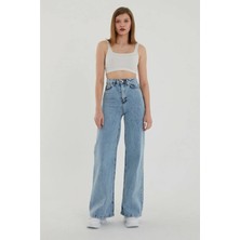 Neva Shop Açık Mavi Kar Yıkama Likralı Palazzo Salaş Paça Süper Yüksek Bel Jean Pantolon