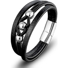 Karpınar Çelik Takı Çelik Top ve Siyah Deri Bileklik