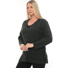 Kadın Düğmeli Cepli V Yaka Örgü Yün Anne Triko Kışlık Hırka