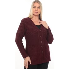 Kadın Düğmeli Cepli V Yaka Örgü Yün Anne Triko Kışlık Hırka