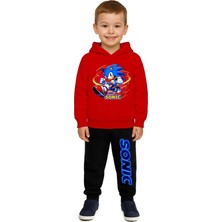 Sedirli Sonic Baskılı Çocuk Eşofman Takımı 3 Iplik Şardonlu Pamuklu Kumaş Kapüşonlu