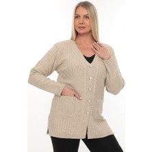 Kadın Düğmeli Cepli V Yaka Örgü Yün Anne Triko Kışlık Hırka