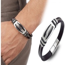 Karpınar Çelik Takı Deri Kordonlu Çelik Halat Erkek Bileklik