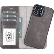 Sinerjim Apple iPhone 13 Pro Max Uyumlu Deri Cüzdanlı Kılıf MWWN TN1 Gri