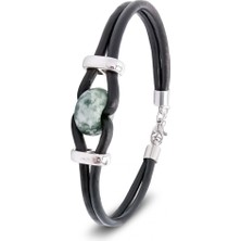 Karpınar Çelik Takı Yeşil Jasper Doğal Taşlı Deri ve Çelik Bileklik