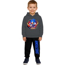 Sedirli Sonic Baskılı Çocuk Eşofman Takımı 3 Iplik Şardonlu Pamuklu Kumaş Kapüşonlu