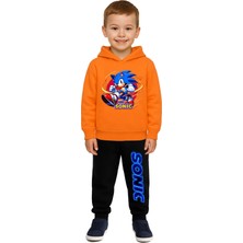 Sedirli Sonic Baskılı Çocuk Eşofman Takımı 3 Iplik Şardonlu Pamuklu Kumaş Kapüşonlu