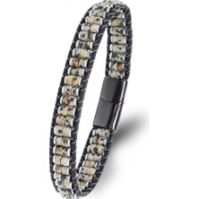 Karpınar Çelik Takı Dalmaçya Jasper &amp; Hematit Çelik Örgülü Deri Bileklik