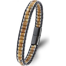 Karpınar Çelik Takı Odun Jasper &amp; Hematit Çelik Örgülü Deri Bileklik