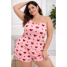 Süsen Lingerie Kırmızı Kalp Desenli Kadın Büyük Beden Gecelik Takımı, Kaliteli Kadın Gecelik Takım