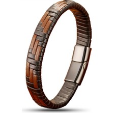 Karpınar Çelik Takı Kahve ve Siyah Deri Örgü ve Çelik Bileklik